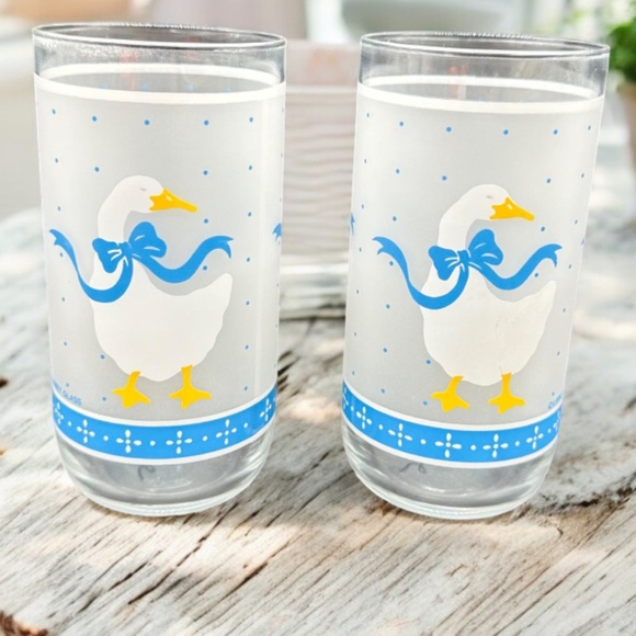 Set 4 Libby Frosted Drinking Glasses Cottagecore Goose Duck Blue Ribbons VTG 6" - Picture 13 of 13